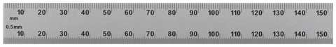 Pro Grade Compact Dual Scale Steel Ruler 6x150mm With Inch And Metric Graduations For Precision Measuring, 0.10 Inch And 0.01 Inch, 1mm And 0.5mm Steps, Satin Chrome Finish, Three Sixty Fourths Of An Inch Thick, Three Quarters Of An Inch Wide. dual-scale steel ruler showing metric graduations