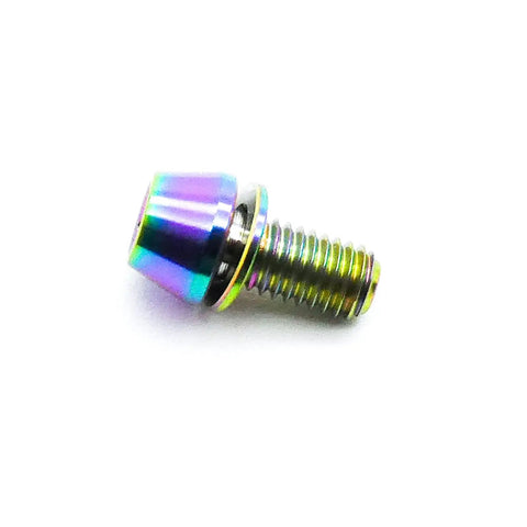 Pack Of Five M5 X 10 mm Cone Point Hex Socket Grub Screws With A Dope Rainbow Anodized Coating And Bulletproof TC4 Titanium Construction For Easy Zero Sweat Installation, close-up view of a screw.
