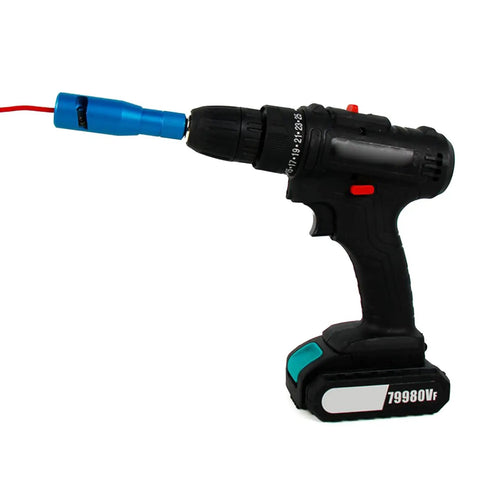 Heavy Duty Wire Stripper Crimping Tool For Power Drill with ergonomic handle and blue connector attachment for cable prep.