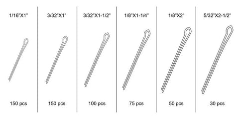 555 Piece Cotter Pin Assortment In Spring Steel With Zinc Plating Includes One Sixteenth Inch By One Inch Pins And Three Thirty Second Inch By One Inch Pins Plus Other Sizes Comes In A Handy PP Storage Case With Size Chart For Quick Identification.