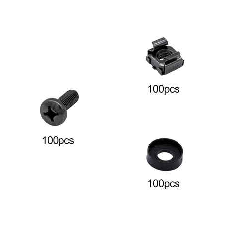 Rock Solid 100 Pack M6x16mm Rack Mount Cage Nuts And Server Rack Screws With Plastic Washers For Cabinet Hardware And Network Racks showing black nickel screws, cage nuts, and washers.