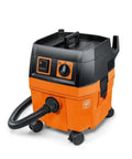 Heavy Duty Wet Dry Dust Extractor 5.8 Gallon Shop Vacuum With 1100W Motor and 151 Cfm view from the side with hose and wheels