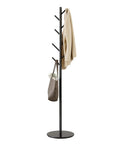 Heavy-Duty Metal Coat Rack With Eight Hooks, Three Adjustable Heights, Modern Hall Tree, Freestanding Clothes Stand With Sintered Stone Base, Built To Be Your Entryway Workhorse For Coats Hats Bags And Scarves, Black with coat and bag hanging.