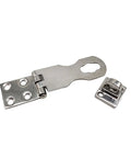 Marine Grade Stainless Steel Door Hasp Locking With Turning Eye Mount For Boats And Cabins, Heavy Duty And Corrosion Resistant Deck Hardware, Quick Install, Dockside Ready Boat Security Locking Hasp close-up with latch plate and keeper
