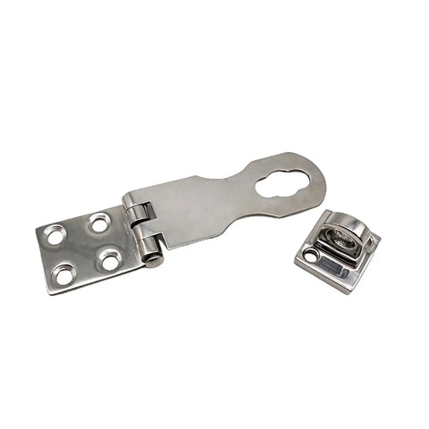 Marine Grade Stainless Steel Door Hasp Locking With Turning Eye Mount For Boats And Cabins, Heavy Duty And Corrosion Resistant Deck Hardware, Quick Install, Dockside Ready Boat Security Locking Hasp close-up with latch plate and keeper
