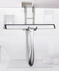 Drill Free Over Shower Glass Door Hooks 4 Pack In Polished Silver Made From SUS 304 Stainless Steel holding a squeegee