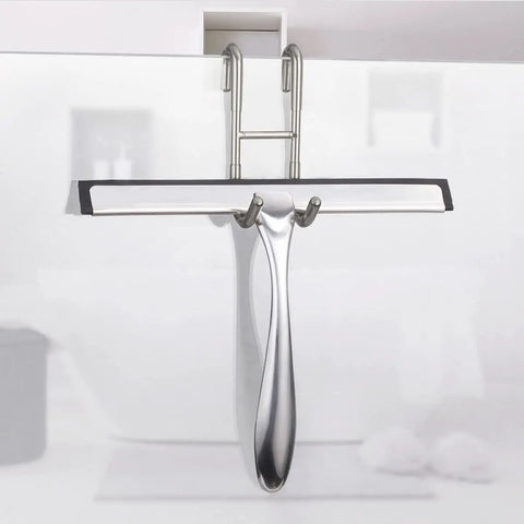 Drill Free Over Shower Glass Door Hooks 4 Pack In Polished Silver Made From SUS 304 Stainless Steel holding a squeegee