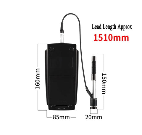 Super Handy Digital Hardness Tester For Metals with meter dimensions 160mm x 85mm, lead length 1510mm.