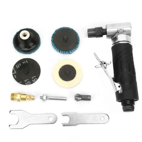 90 Degree Angle Die Grinder 20000 RPM Pneumatic Air Tool with attachments and wrenches for polishing and cutting tasks.