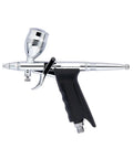 Slick Dual Action Pistol Trigger Spray Gun And Airbrush Kit Featuring Ace 0.3mm 0.5mm 0.8mm Tips With Matched 2cc 7cc 13cc Cups, side view of chrome airbrush with ergonomic grip.