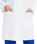 Three Pocket Women's Lab Coat With Long Sleeves White Medical Coat Relaxed Fit Size M pockets close-up