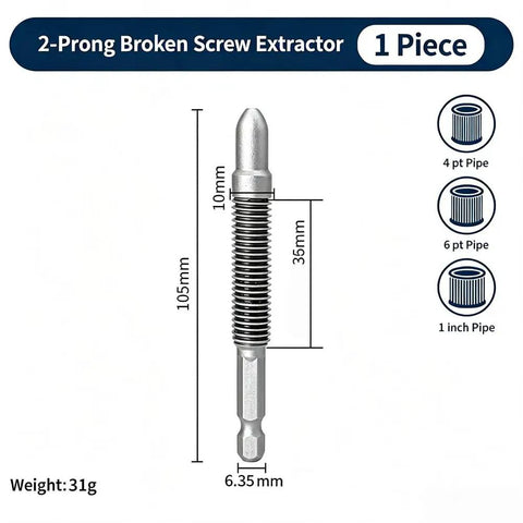 Professional Grade Heavy Duty Broken Pipe Extractor Tool Rips Out Stuck Rusted Threaded Fittings Quick No Sweat Saves Time On Faucet And Angle Valve Jobs Half To Full Inch Compatible, 2-prong design, dimensions shown.