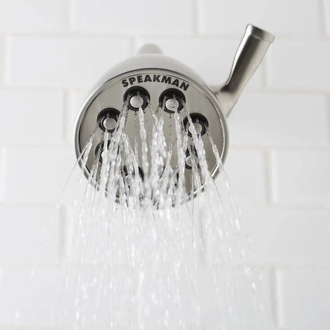 Icon Series Anystream High Pressure Adjustable Solid Brass Shower Head In Matte Black With 2.5 GPM Flow in use against tile