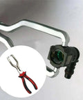 Heavy Duty Fuel Line Pliers For Chevrolet Volt Bolt EV EUV Blazer EV gripping a fuel connector, designed for tight engine spaces.