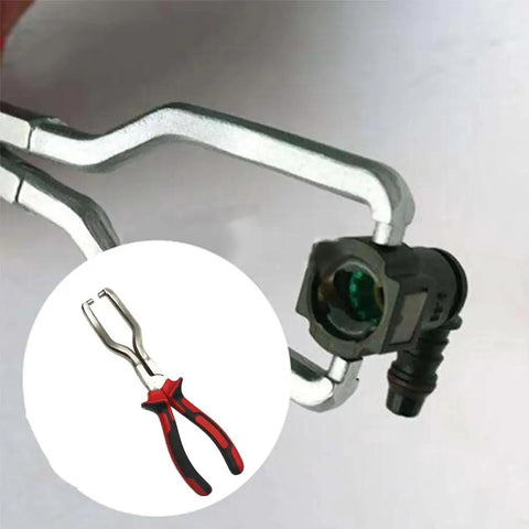 Heavy Duty Fuel Line Pliers For Chevrolet Volt Bolt EV EUV Blazer EV gripping a fuel connector, designed for tight engine spaces.