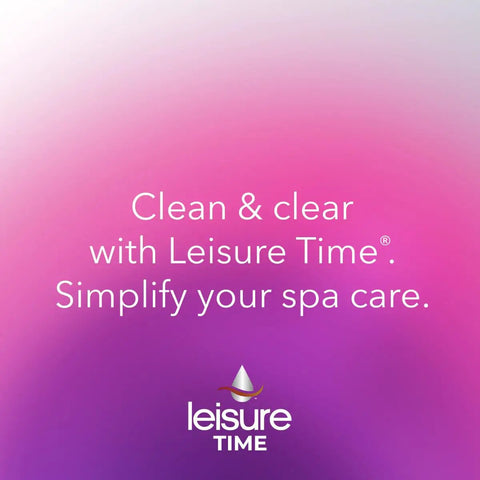 Leisure Time logo with text promoting Simple Spa Care Enzyme for Hot Tub Oils and Oils Removal.