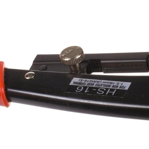 Close-up of the Hella Reliable Ratchet Wire Stripper And Terminal Crimping Tool For Network Data Cables showing modular crimp head.