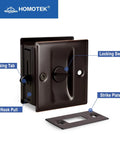 Oil Rubbed Brass Privacy Sliding Door Lock With Pull, Reversible For Left Or Right Handed Doors, shown with locking switch and strike plate.