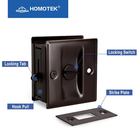 Oil Rubbed Brass Privacy Sliding Door Lock With Pull, Reversible For Left Or Right Handed Doors, shown with locking switch and strike plate.