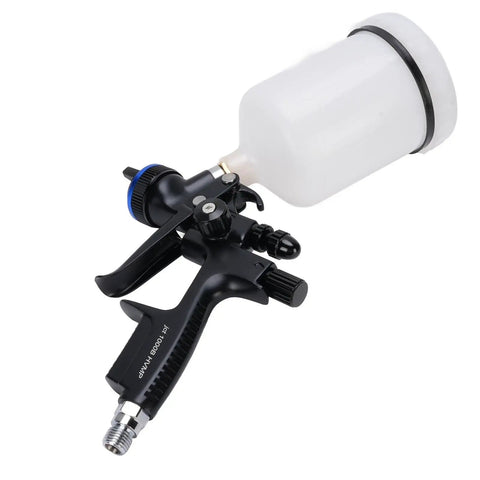HVLP Air Paint Sprayer With 600ml Cup And 1.3mm Nozzle, black body, stainless steel components, ideal for furniture and wall painting.