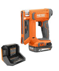 18V Cordless Crown Stapler With Three Eighth Inch Heavy Duty Fasteners And Two Point Oh Amp Hour Battery Charger Kit next to battery