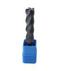 Front view: Zorqon 9/16-inch carbide long end mill, 4-flute, AlTiN-coated square end, in blue router bit holder