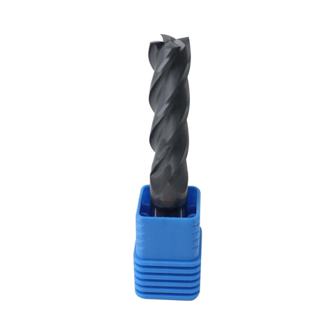 Front view: Zorqon 9/16-inch carbide long end mill, 4-flute, AlTiN-coated square end, in blue router bit holder