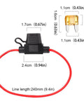 Mini Blade Fuse Holder 18 AWG Waterproof Inline Fuse Kit With 5A ATM Fuses 2 Pack, black casing, red wire, dimensions shown