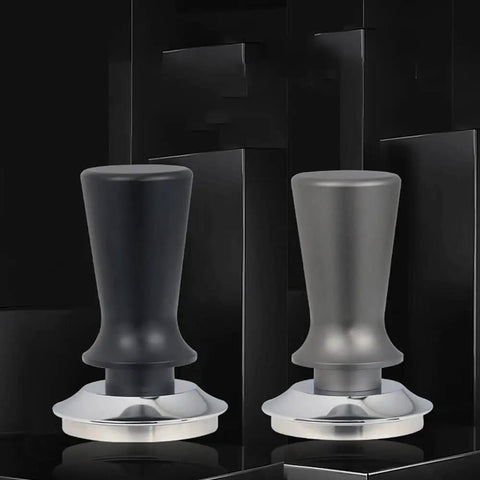 Top Shelf Black 51Mm Espresso Tamper With Adjustable Distribution Disk and Ergonomic Stainless Steel Grip, Two colors displayed.