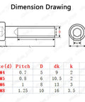 Dimension drawing for Black Stainless Steel Rivet Nuts Set, 20 Pieces, sizes M4 M5 M6 M8 with hex socket measurements.
