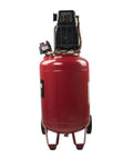 Rock Solid 20 Gallon Portable Air Compressor With Oil Free Twin V Cast Iron Pump Delivers Smooth Five Cfm Flow For Garage Tasks featuring a red metal tank and wheels.