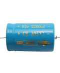 Two Pack 2200uf 63v 22X36Mm Through Hole Axial Electrolytic Capacitors, blue with gold markings, suitable for electronics repairs.
