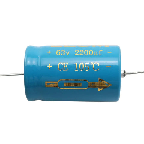 Two Pack 2200uf 63v 22X36Mm Through Hole Axial Electrolytic Capacitors, blue with gold markings, suitable for electronics repairs.