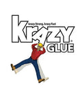 Krazy Glue logo with a construction worker character hanging, showcasing the brand's slogan