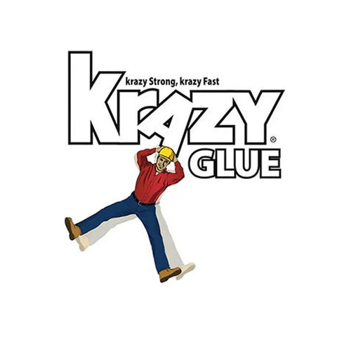 Krazy Glue logo with a construction worker character hanging, showcasing the brand's slogan