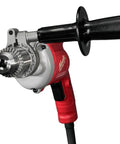 Close-up of Magnum 8 Amp 1/2-Inch Drill With Variable Speed 0-850 RPM, all-metal gear case, heavy-duty keyed chuck.