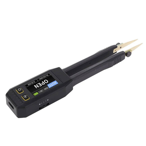Digital SMD Tweezers ESR Meter Handheld Multimeter for capacitor resistor and diode testing, showing LCD and probes.