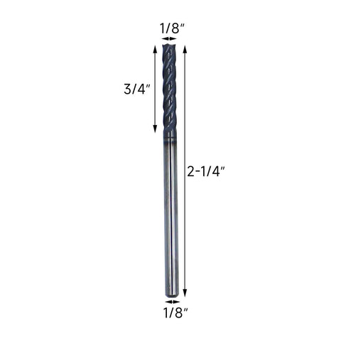 Solid carbide long end mill, 1/8 in diameter, 4-flute, 30° helix, 2-1/4 in overall length