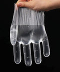 Close-up of a clear disposable plastic food-prep glove worn on a hand.