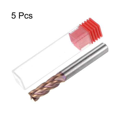Front view of a 6mm carbide square-end mill, 50mm shank, TiSiN-coated, 4-flute, in clear plastic case.