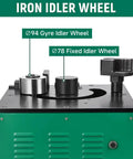 Iron idler wheel detail showing 94mm gyre and 78mm fixed idler wheels on Professional 1700W Electric Hydraulic Rebar Bender.