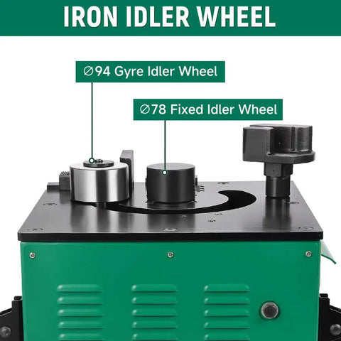 Iron idler wheel detail showing 94mm gyre and 78mm fixed idler wheels on Professional 1700W Electric Hydraulic Rebar Bender.