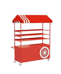 Kickass Rolling Cart With Red Striped Canopy And Wide Iron Top Heavy Duty Portable Vendor Stand On Smooth Casters With Lower Shelf, displaying red finish and open shelves.