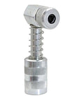 90 degree grease coupler for tight spaces with spring-loaded collar and three steel jaws for secure connection.