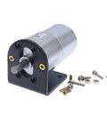 Heavy Duty DC Gearmotor Designed With High Torque Output In 12V Or 24V specs with mounting bracket and screws for robotic applications.