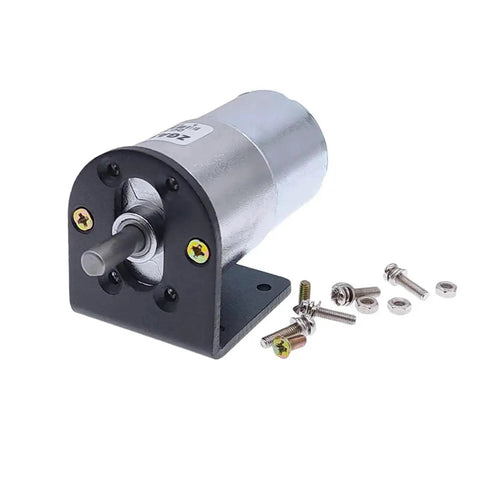 Heavy Duty DC Gearmotor Designed With High Torque Output In 12V Or 24V specs with mounting bracket and screws for robotic applications.