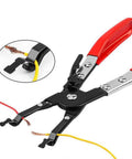 Premium One-Handed Car Wire Welding Clamp 240mm Adjustable Ratchet Tool for Precision Soldering And Tight Joints Without A Tremor holding red and yellow wires.