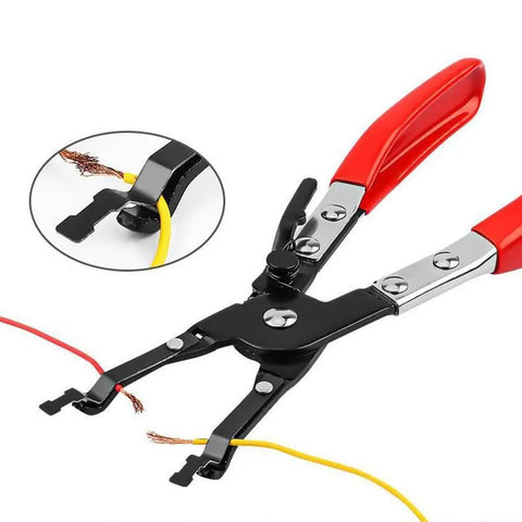 Premium One-Handed Car Wire Welding Clamp 240mm Adjustable Ratchet Tool for Precision Soldering And Tight Joints Without A Tremor holding red and yellow wires.