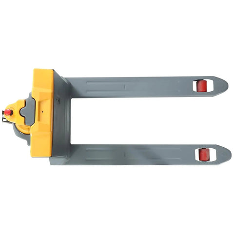 Compact Electric Pallet Jack Truck With Lithium Battery, 48 Inch Forks, top view showing forks and control handle.