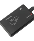 Black USB 125kHz RFID Card Reader Plug And Play Tap To Read for EM4100 TK4100 Tags on a countertop with USB cable, Windows compatible.